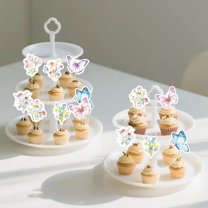 40 Pcs Wildflower & Butterflies Cupcake Toppers - 8 Styles, 5 Pcs Each - Non-Edible Cake Toppers for Wedding, Birthday, Party Decorations