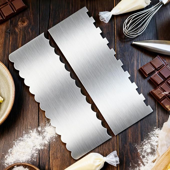 2 Pack 8.7 Inch Stainless Steel Cake Scraper, Double Sided Patterned Edge Stripe Edge Smoother Scraper Frosting Scraper Cake Decorating Comb for Mousse Butter Cream - Style 1