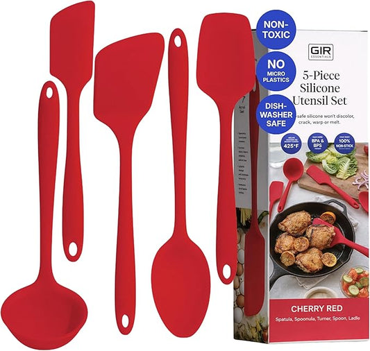 GIR 5-Piece Silicone Kitchen Utensils Set, Non-Toxic Cooking Utensils for Cooking and Baking, Heat Resistant, Food Grade, Dishwasher Safe Rubber Spatula, Ladle, Spoon - Cherry Red