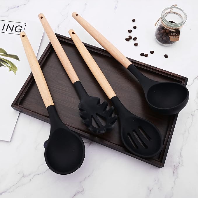 1pcs Black Silicone Slotted Spoon with Wooden Handle, Heat-Resistant Cooking Utensils Spoon for Serving Stirring Scooping and Mixing Filtering Food.