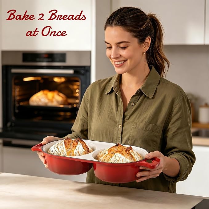 Dutch Oven For Sourdough Bread Baking – Enameled Cast Iron Dutch Oven Pot with Lid, Double Bread Loaf Pan – 500°F Oven Safe Non Stick Bread Pot for Homemade Bread, Meatloaf, Cake–Round Loaf Space, Even Heating– Red