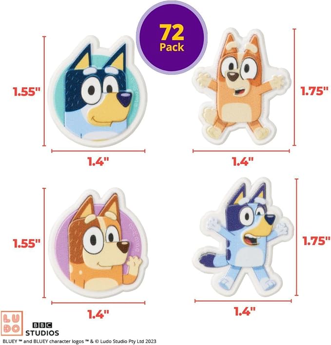 DecoPac Bluey So Much Fun Rings, 72 Cupcake Decorations Featuring Bluey, Bingo, Bandit, and Chilli, 3D Food Safe Cake Toppers – 72 Pack
