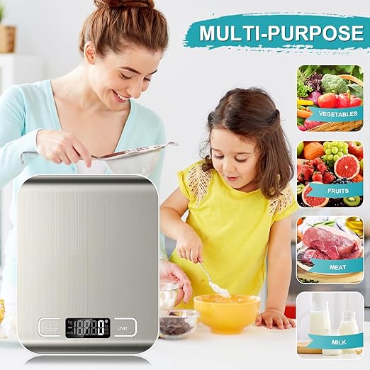 Food Scale, 11lb Kitchen Scale with 6 Units Tare Function & LCD Display, 0.05oz/1g Stainless Steel Digital Food Scale Grams and Ounces for Baking, Cooking, Dieting and Meal Prep (Batteries Included)