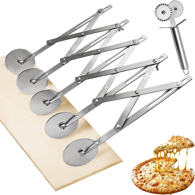 5 Wheel Pastry Cutter， Stainless Steel Expandable Dough Divider & Cinnamon Roll Cutter for Pasta, Pizza, Brownies - 2-Pack Multi-Use Baking Tool