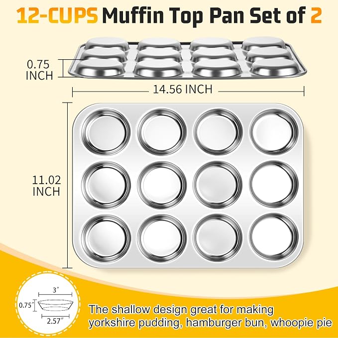 P&P CHEF 12-Cup Muffin Top Pan (2 Piece), Stainless Steel Muffin Pan Cupcake Tin with Shallow Side for Whoopie Pie & Yorkshire Pudding, Easy Clean & Oven Safe, Silver
