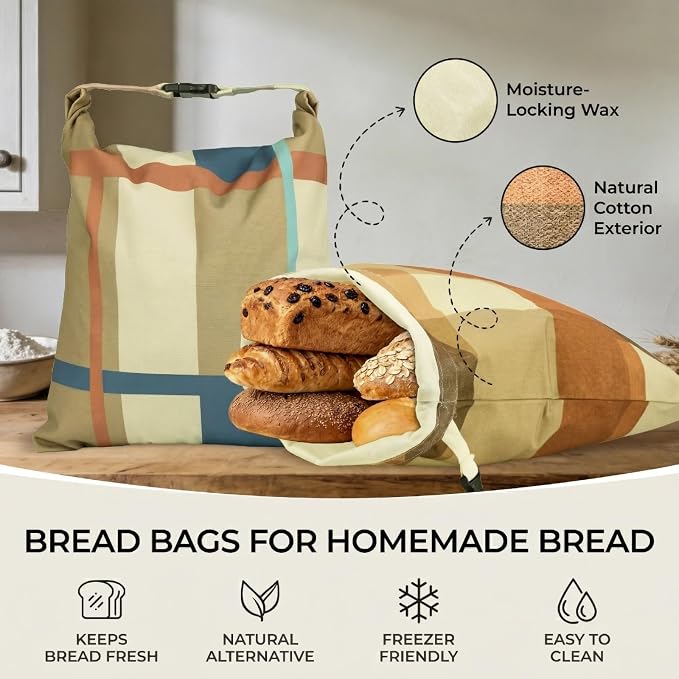 2 Pack Beeswax Bread Bags for Homemade Bread and Sourdough, XL 17x13in Reusable Cotton Storage Bags, Shadow Blocks & Windowpane Grid, Double-Layer Design with Beeswax Lining for Kitchen | Keeps loaves soft