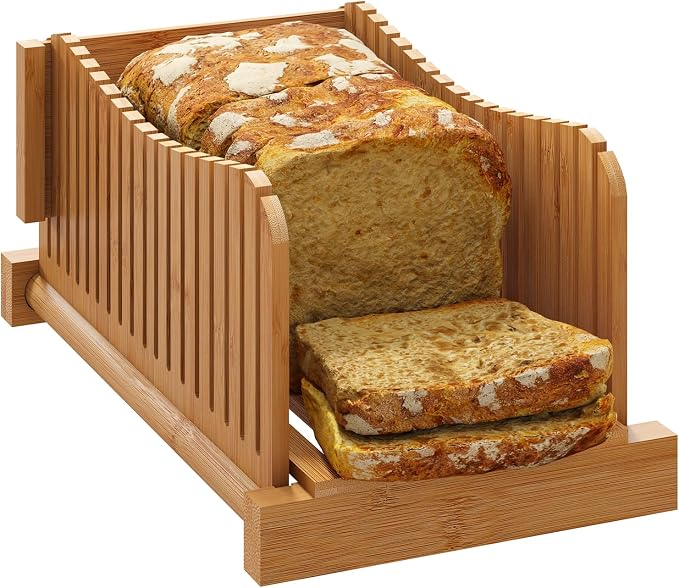 Bamboo Bread Slicer, Adjustable Bread Slicer Guide with 3 Thickness Size, Foldable Compact Chopping Cutting Board, Great for Homemade Bread, Cakes, Bagels