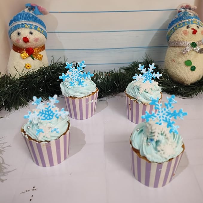 Gyufise 50Pcs Pink Edible Cupcake Cake Toppers Snowflake Cake Decorations for Christmas Winter Frozen Theme Party Supply Decoration Multi