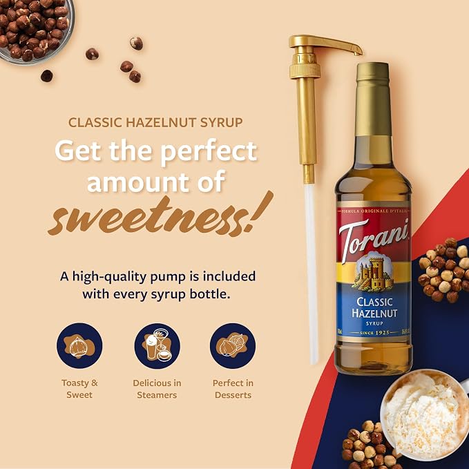Torani Classic Hazelnut Syrup for Drinks & Desserts, Pump Included, 25.4 Fl Oz