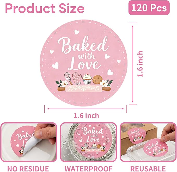 Baked with Love Stickers 120PCS 1.6 Inch Round Baking Labels for Cookies Cupcakes Dessert Table Treat Bags Gift Wrapping Birthday Party Candy Bags Homemade Packaging Small Business (Pink)