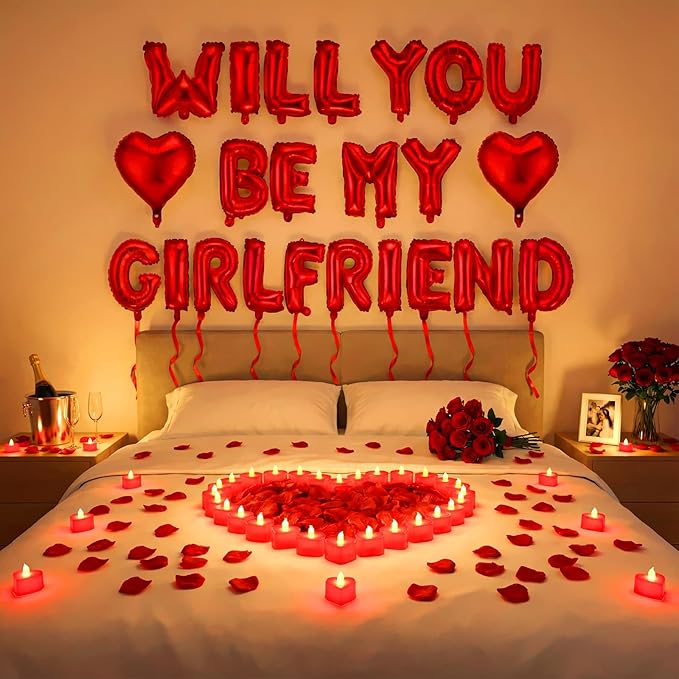 Will You Be My Girlfriend Balloon Proposal Decor 24 LED Flameless Tealight Heart Candle 2000 Artificial Rose Petals Love Balloon for Engagement Wedding Decor Romantic Special Night(Red)