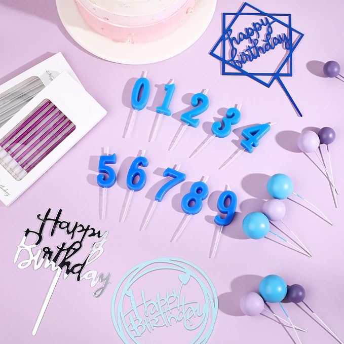 Yerliker 34 Pcs Happy Birthday Cake Toppers Decorations Birthday Candles DIY Cake Decor for Men Women Wedding Anniversary(Blue Purple)