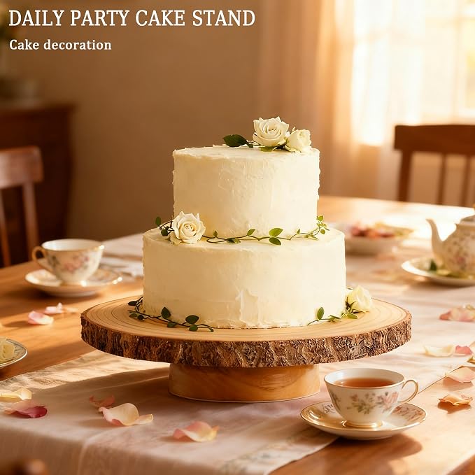 Rotating Wooden Cake Stand, 12 Inch Rustic Cake Display Stand with Cake Cutting Knife & Server Set, Round Dessert Serving Tray for Wedding, Birthday, Bridal Shower, Baby Shower & Holiday Party Decor