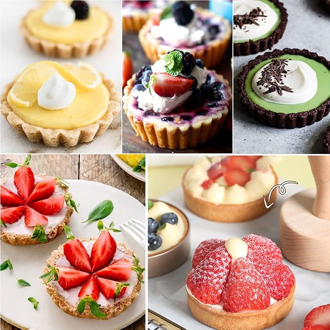 KALAIEN 4 Packs Mini Tart Pans with Removable Bottom 3” Reusable Non-Stick Egg Tart Mold with Tart Tamper for Cheesecake Muffin Pan