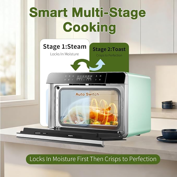 ROBAM Toaster Air Fryer Combi Oven, Countertop Steam Oven 14-in-1 with Convection Steam Roast & Bake, Multi-Stage Cooking, Self-Clean, 7 Modes, 30 Built-In Recipes, for Kitchen Pizza Baking (Green)