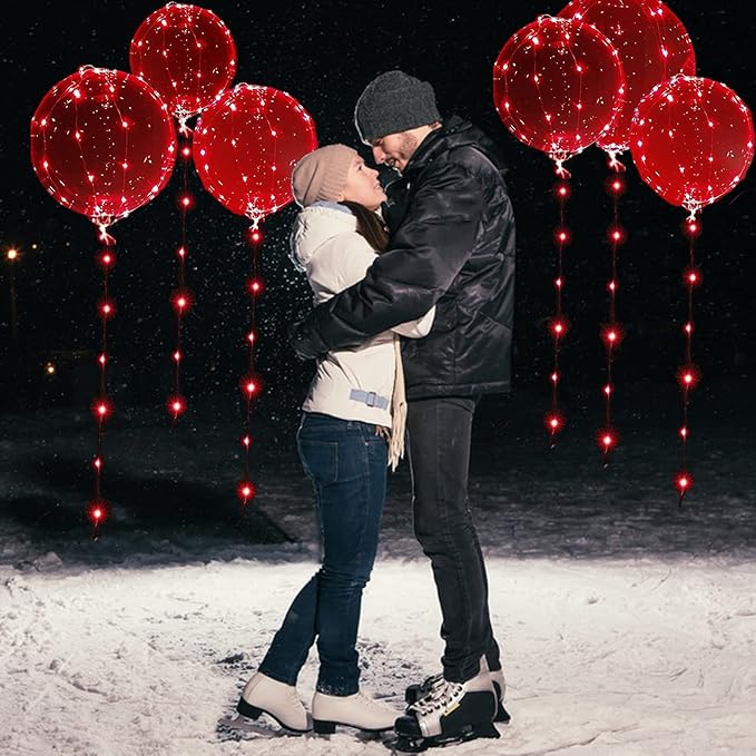 10 PCS Light Up Led Balloons, 20 Inches Clear Helium Bobo Balloons, Glow Bubble Balloons with 10 PCS String Lights for Valentines Day, propose marriage, Wedding, Birthday Party Decoration (Red)