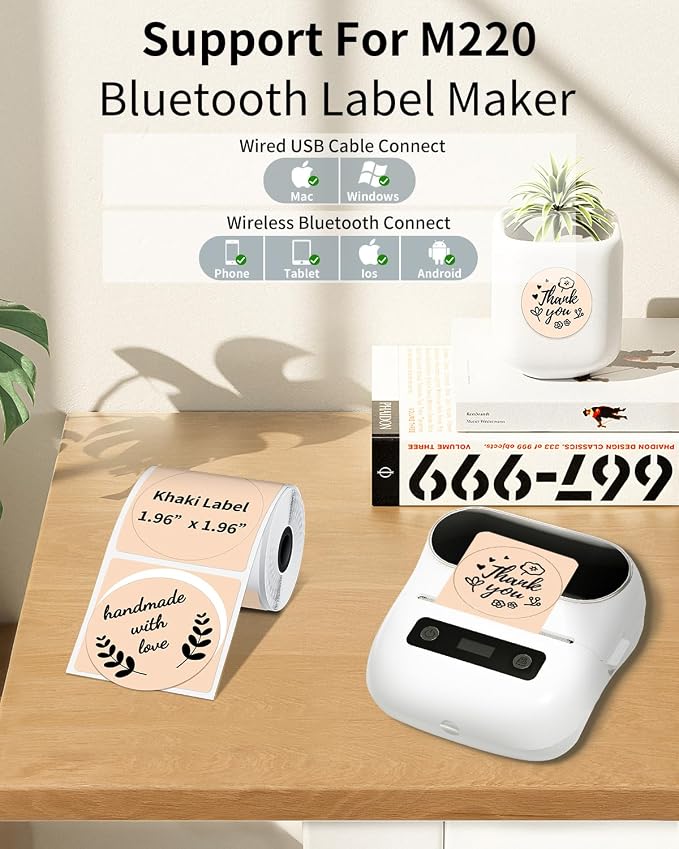 Phomemo Circle Label for M110/M110S/M120/M200/M220 Label Maker, 1.96" x 1.96"（50x50 mm） Round Thermal Labels for Barcode Labels, DIY Logo Design, Black on Khaki