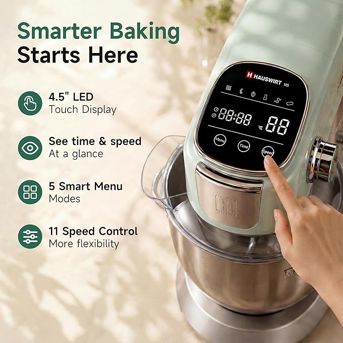 Hauswirt Stand Mixer Silent with LED Touch Screen, 5.3QT XL Large Mixers Kitchen Electric Stand Mixer for Household, 500W DC Motor 11-Speed for Bread Pasta Meat – Black