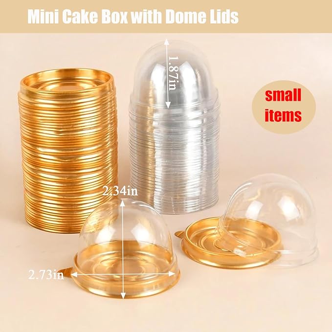 50Pcs Clear Plastic Mini Cake Box with Dome Lids, Mini Muffin Container Box Mooncake Dome Box Pastry Baking Packaging Boxes Wedding Birthday Gifts Supplies (Gold Base)