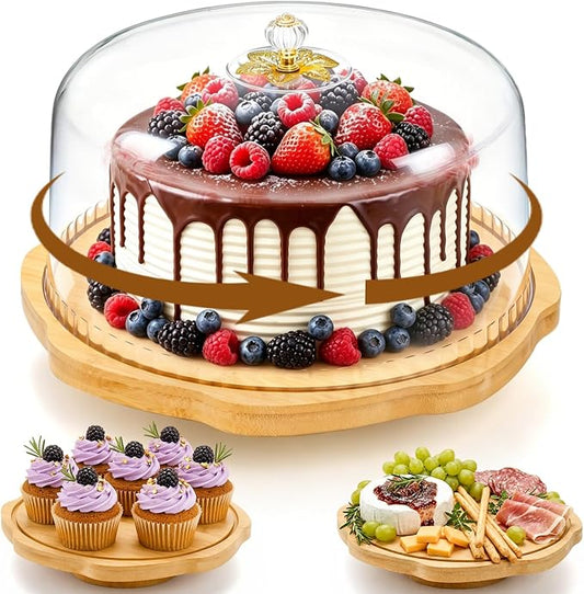 Pumtus Rotating Cake Stand with Acrylic Lid, Round Bamboo Cake Turntable for Decorating, Spinning Charcuterie Board with Dome, Dessert Display Platter, Pastry Cheese Pie Holder for Birthday Wedding