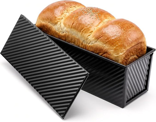 Pullman Loaf Pan with Lid, 13 × 4 Inch 2.2 LB Non-Stick Carbon Steel Bread Pans, Heavy Duty Corrugated Toast Pan for Homemade Sandwich and Sourdough Bread Baking Toasting