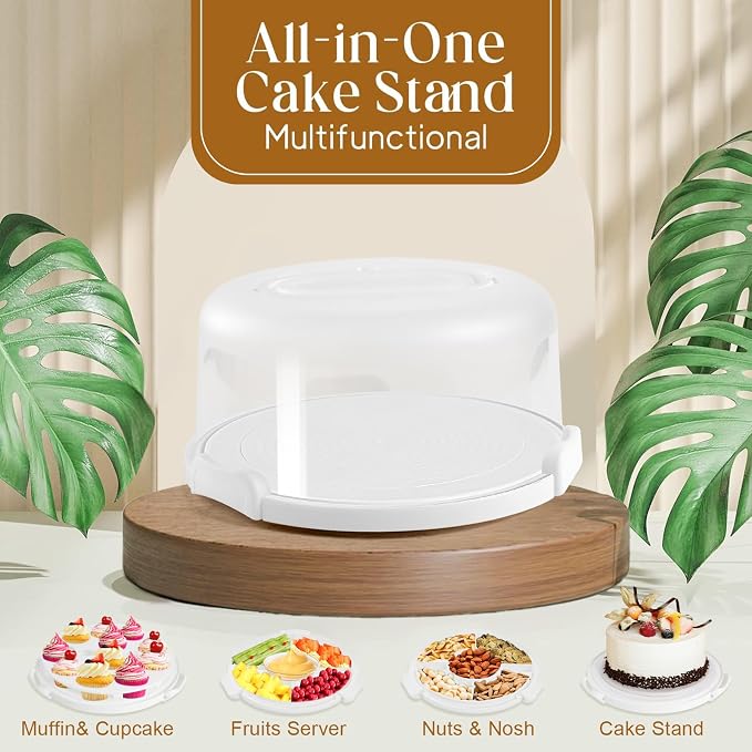 Cake Carrier with Lid and Handle, BPA-Free Cake Containers Cake Stand for 10 inch Cake with 2 Handles Cupcake Carrier - Plastic Cover Two Sided Base for Transport Pie Nuts Fruit Perfect Gifts