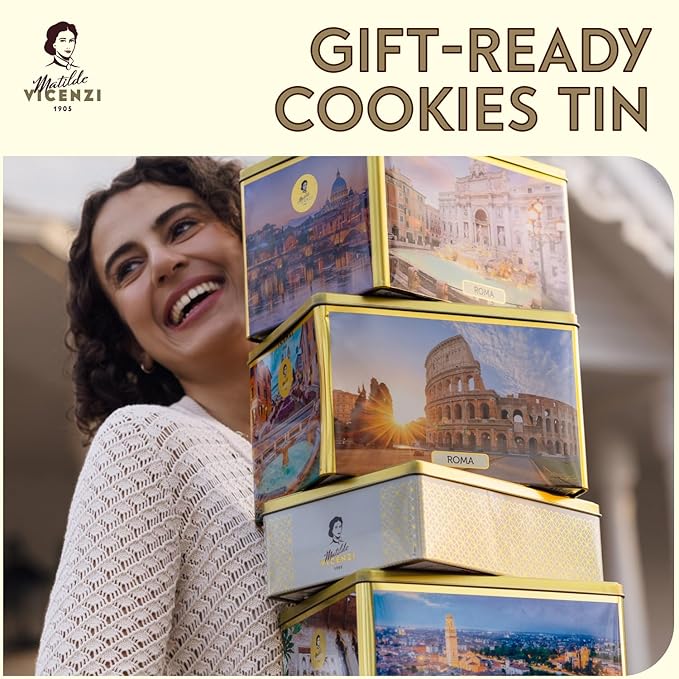 Matilde Vicenzi Roma Cookie Gift Tin - Pastries & Cookies in Individually Wrapped Trays - Gourmet Gifts For Father's Day, Teacher, Birthday - Assorted Cookies in Italian Design Tin 32.5oz (920g)
