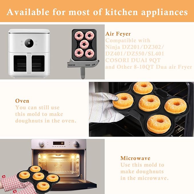 2 Pcs Silicone Donut Pan for Baking, Nonstick 5 Cavity Doughnut Baking Pans for Ninja 8QT-10QT Air Fryer, Make Perfect Bagels and Cake Donuts, Black