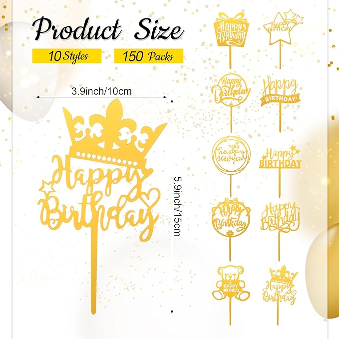 150 Pcs Happy Birthday Cake Toppers Acrylic Cake Topper Glitter Birthday Cake Decorations Double Sided for Adults Various Cake Decoration Party Supplies(Gold,Retro)