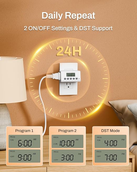 BN-LINK Indoor Digital Timer Outlet,24 Hour Light Timer Easy Programmable,Mini 2 Prong Plug in Timers for Electrical Outlets,Lamps,Fans,2 On/Off Programs,2 Pack,15A/1875W, ETL Listed, 4 Pack