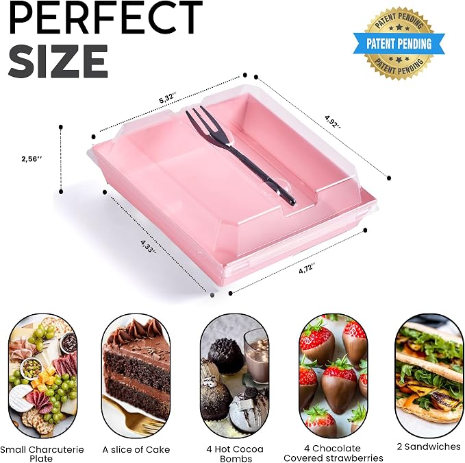 Leafiew 50 Pack Clear Treat Boxes with Forks - Small Dessert Boxes To Go - 5 Inch Disposable Paper Mini Containers for Cookie, Cake Slice, Charcuterie, Bakery, Strawberry, Baked Goods Packaging (Pink)