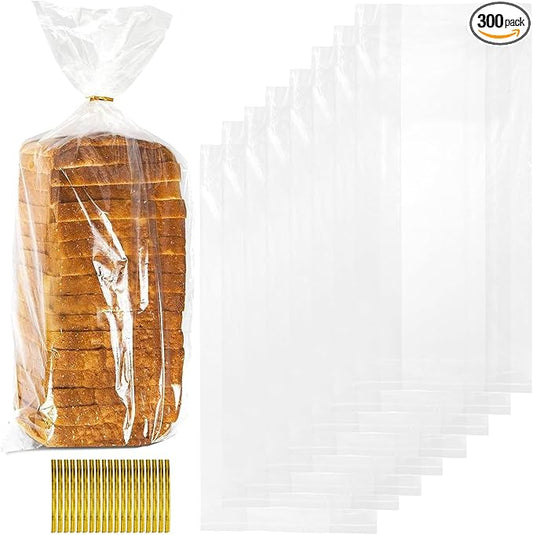 Nicunom 300 Pack Clear Bread Bags with Ties,18x4x8 Inches Plastic Bread Bag Bulk Sourdough Bags Reusable Breads Loaf Packing Bags for Homemade Breads and Bakery Use