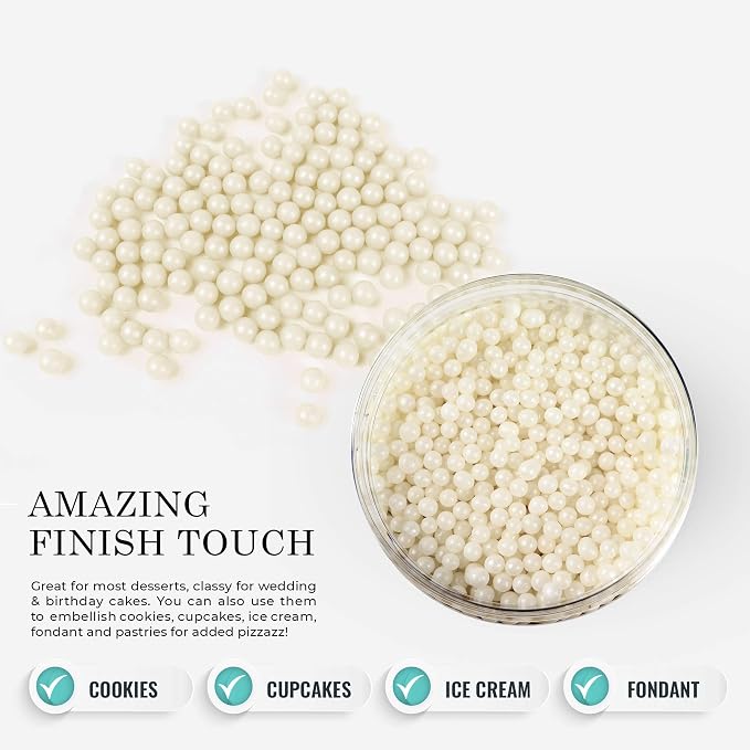 O'Creme White Edible Sugar Pearls Cake Decorating Supplies for Bakers: Cookie, Cupcake & Icing Toppings, Beads Sprinkles For Baking, Certified, Candy Sugar Ball Accents (10mm, 16 Oz)