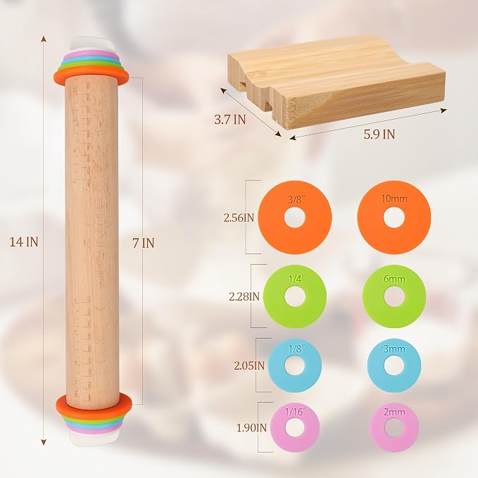 Adjustable Rolling Pin with Thickness Rings, Wood Dough Roller | natural beech wood, 8 plastic thickness rings, double-sided wooden stand, 17/14 inch, for pizza pasta cookies fondant clay