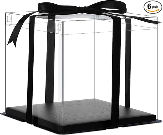 XININSUN 6Pcs Tall Cake Boxes Clear cake Box with Ribbon, 12x12x 10inch,Ideal for Large 10" and 12" Inch Tall Layer Tiered Cakes and Clear Gift Boxes for Wedding Party and Gift Display - Black