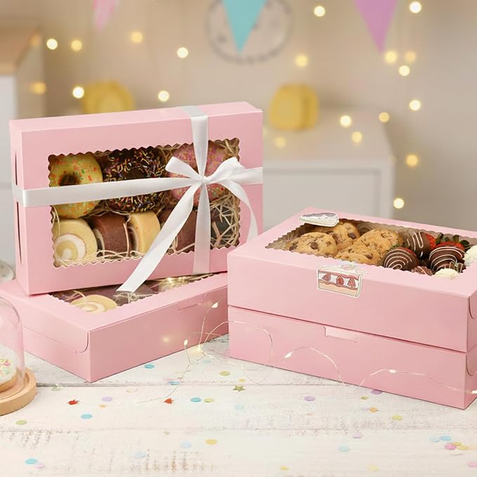 OAMCEG 48 Pack Cookie Boxes with Window, 12x8x2.5 Inch Bakery Treat Boxes for Christmas Holiday Gift Giving, Desserts, Donuts, Pastries-Pink