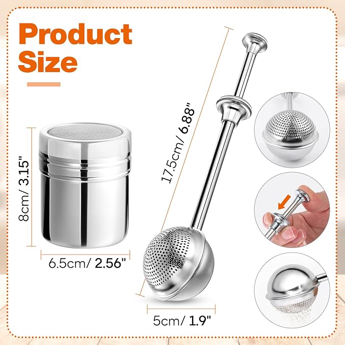 4 Pack Powdered Sugar Shaker Duster, Stainless Steel Cinnamon Sugar Shaker & Flour Duster Set, Spring Flour Sifter for Sugar Flour and Spices