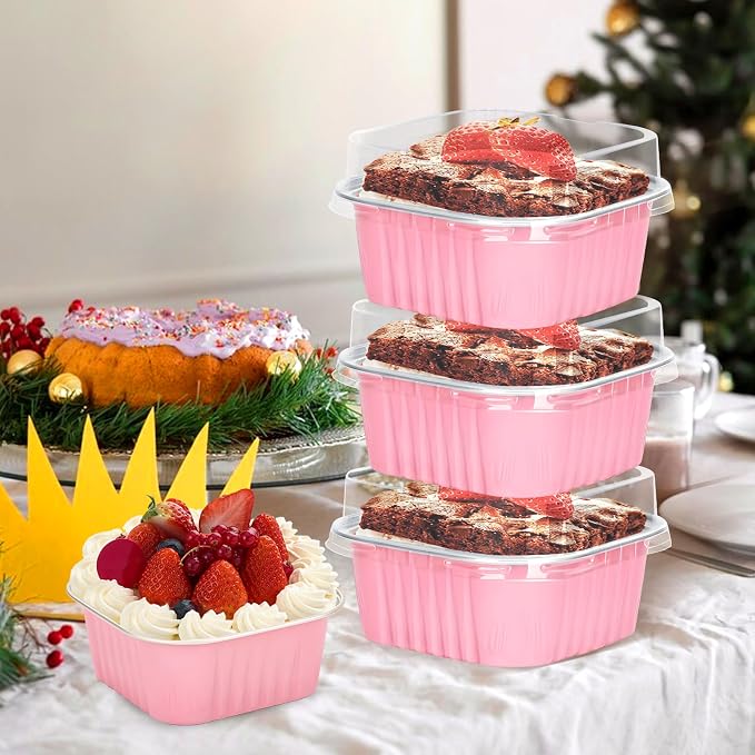 200Pack 5oz Pink Mini Cake Pans with Lids Baking Cups Aluminum Foil Pans Tins, Individual Dessert Cups Containers for Sales,Party,Picnics