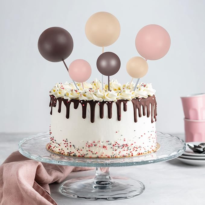 Gyufise 30Pcs Mini Balloon Cake Topper Brown Foam Ball Cake Topper Decorations Faux Pearl Balls DIY Cake Insert Topper Baking Decoration for Wedding Baby Shower Girls Boys Birthday Party Supplies
