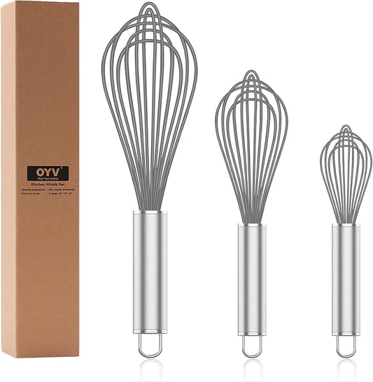 OYV Grey Silicone Whisk, Professional Whisks For Cooking Non-Scratch, Stainless Steel & Silicone Wisk, Plastic Rubber Whisk Tool For Nonstick Cookware Pans, Silicon Wisks Set of 3