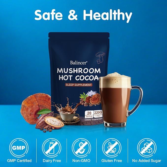 Balincer Mushroom Hot Cocoa Powder, Sleep Supplement with Reishi Mushroom, Melatonin, Glycine, Cacao, L-Theanine, Chicory, Supports Relaxation & Fall Asleep, Vegan, 20 Servings