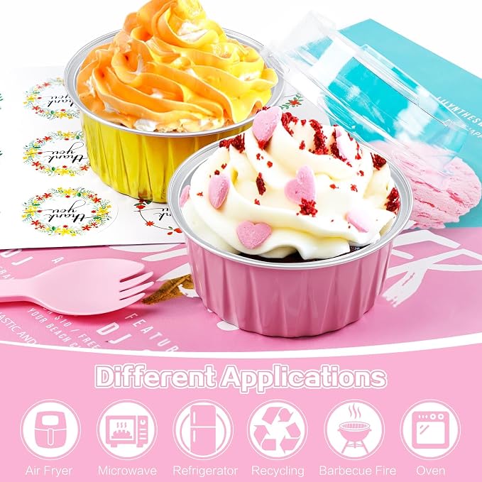 30Pcs Mini Cake Pans with Lids Aluminum Foil, ZOXILEN 5oz Disposable Mini Loaf pans with Lids and Spoons, Small Baking Cups Pie Tins Muffin Pan Cheesecake Containers for Party Pink Round