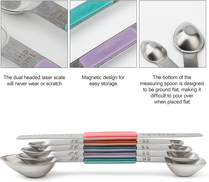 Magnetic Measuring Spoons Set Stainless Steel Double Sided Measuring Spoons with 1 Leveler Measuring Teaspoon Tablespoon for Dry and Liquid Ingredients (5, Multicolor)