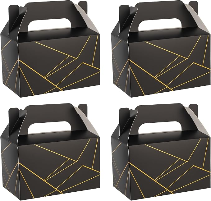 10 PCS Black Gable Favor Treat Boxes, 6.5 x 4 x 4 Inches Elegant Gift Box with Handle for Guests, Goodie Gift Boxes for Candy, Cookie, Busniess, Father's Day, Graduation, Birthday, Wedding, Line
