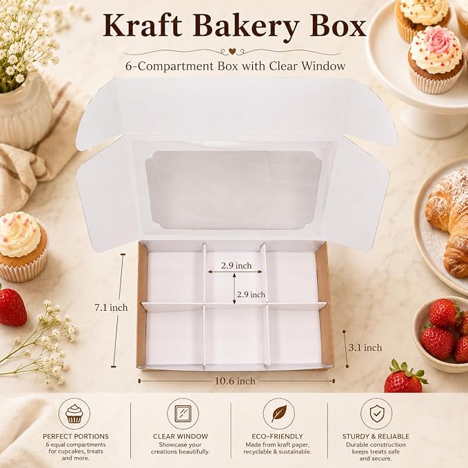 Zealax Kraft Bakery Boxes with Window and Dividers Cookie Packaging Small Treats for Gift Giving, Macaron Boxes Treat Boxes for Mini Cupcakes, Chocolate Covered Strawberries, 10 Pack, 9x6x2.5 Inch
