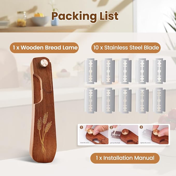 Wooden Bread Lame Dough Scoring Tool - 2 Pack, Handcrafted Bread Scoring Tool for Sourdough Bread Baking, Upgraded Sourdough Scoring Tool With Screw Lock & 10 Razor Blades