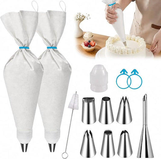 Reusable Piping Bags and Tips Set – 16" Pastry Bags for Cake Decorating, Cupcakes & Cookies with Frosting Tips – Leak-Proof Cotton Icing Bags, Eco-Friendly Baking Kit for Home Bakers & Beginners