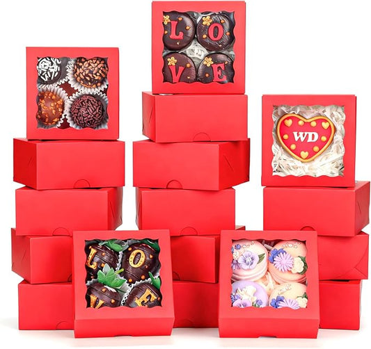 90 PCS 4x4x2 inches Classic Red Bakery Boxes with Window - Macaron, Cookie, Chocolate Truffle, Strawberry & Mini Cake Gift Boxes for Parties, Valentine's, Birthdays, Wedding, Christmas Favors