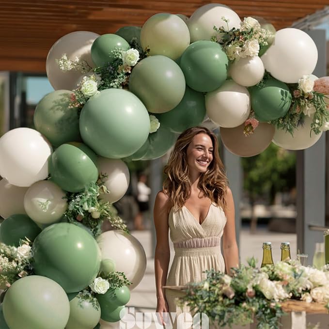 SUWEN Sage Green Balloons 60Pcs,12 inch Olive Green Sand White Latex Balloons for Boho Neutral Birthday Bridal Wedding Engagement Shower Party Decorations