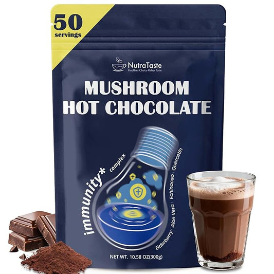 50 Servings Mushroom Hot Chocolate | 10 Mushrooms and Elderberry, Aloe Vera, Echinacea & Quercetin | Support Immunity, Gut & Stress Health | Cocoa Powder, No Melatonin | Vegan & Keto, Gluten-Free